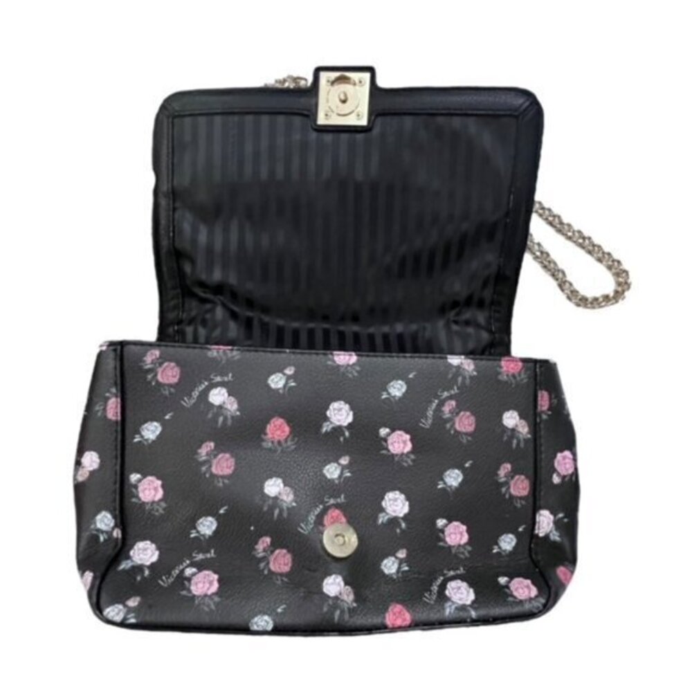 Victoria's Secret Crossbody Shoulder Bag Gold Chain Black Ditsy Floral Magnetic - Picture 5 of 10
